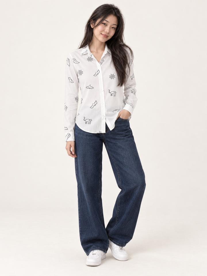 Halloween Button Down Shirt White full-body view on model