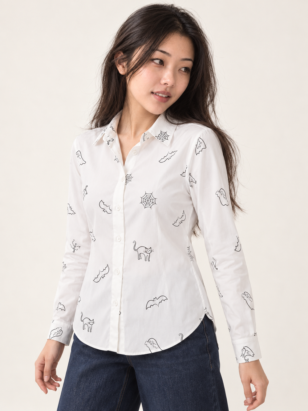 Halloween Button Down Shirt White three-quarter view on model