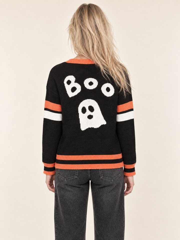 Halloween Cardigan Boo Ghost back view on model