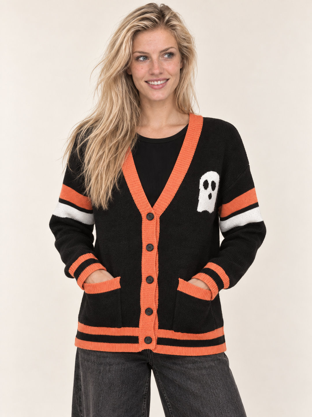 Halloween Cardigan Boo Ghost front view on model