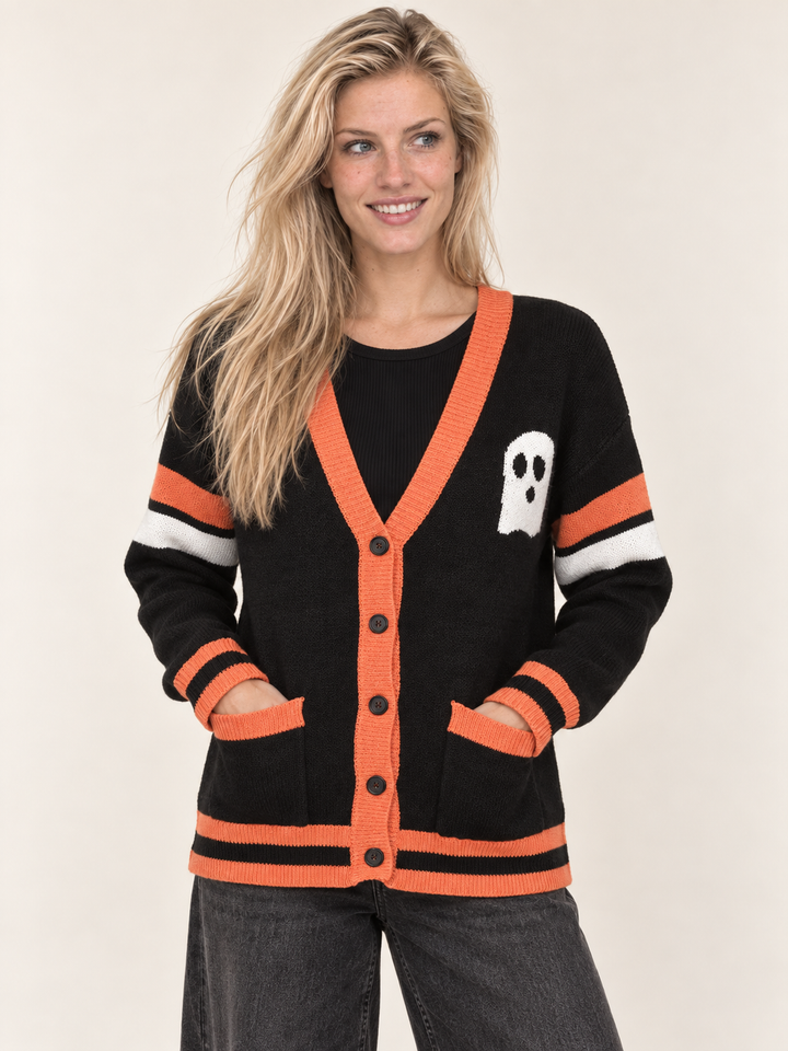 Halloween Cardigan Boo Ghost front view on model