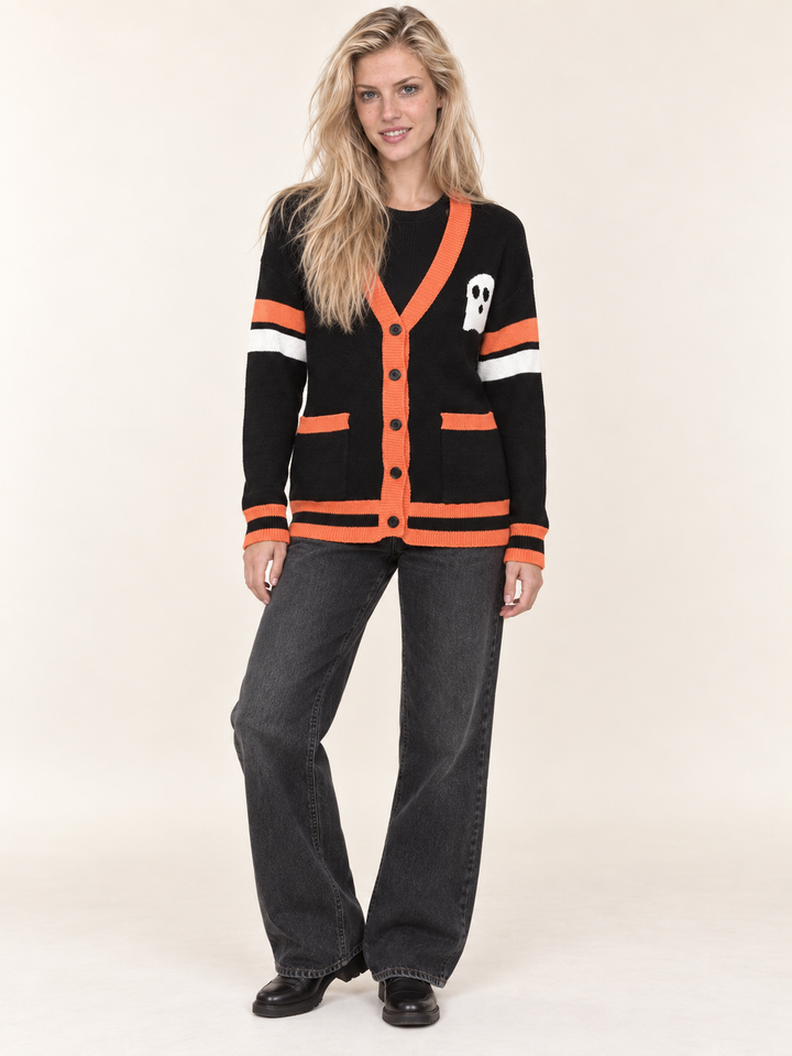 Halloween Cardigan Boo Ghost full-body front view on model