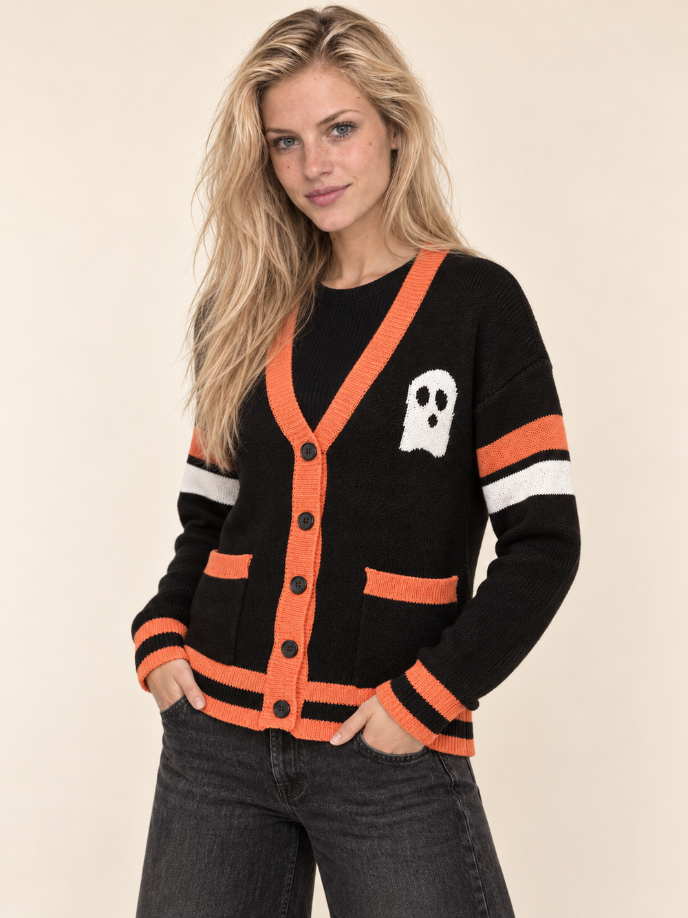 Halloween Cardigan Boo Ghost three-quarter view on model