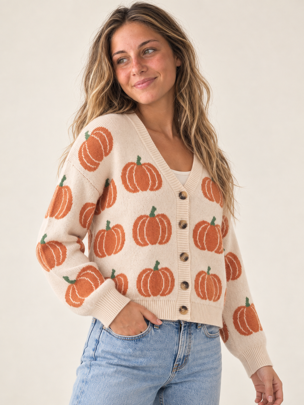 Model wearing Halloween Cardigan Classy Pumpkin, three-quarter view