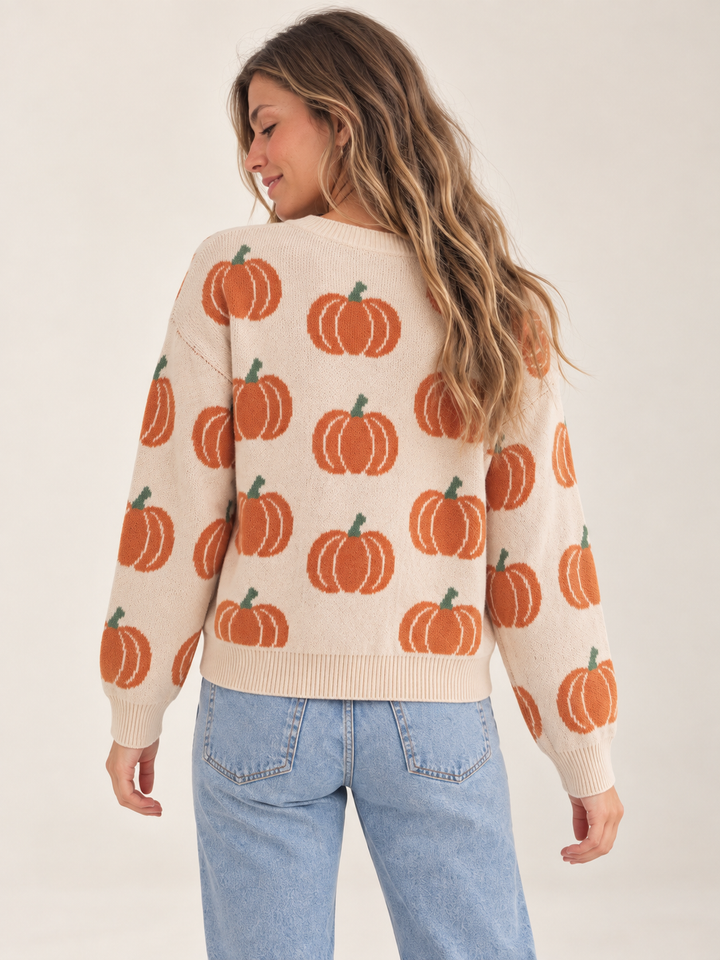 Model wearing Halloween Cardigan Classy Pumpkin, back view