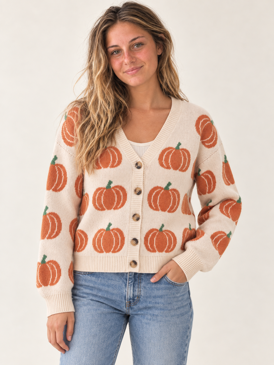 Model wearing Halloween Cardigan Classy Pumpkin, front view