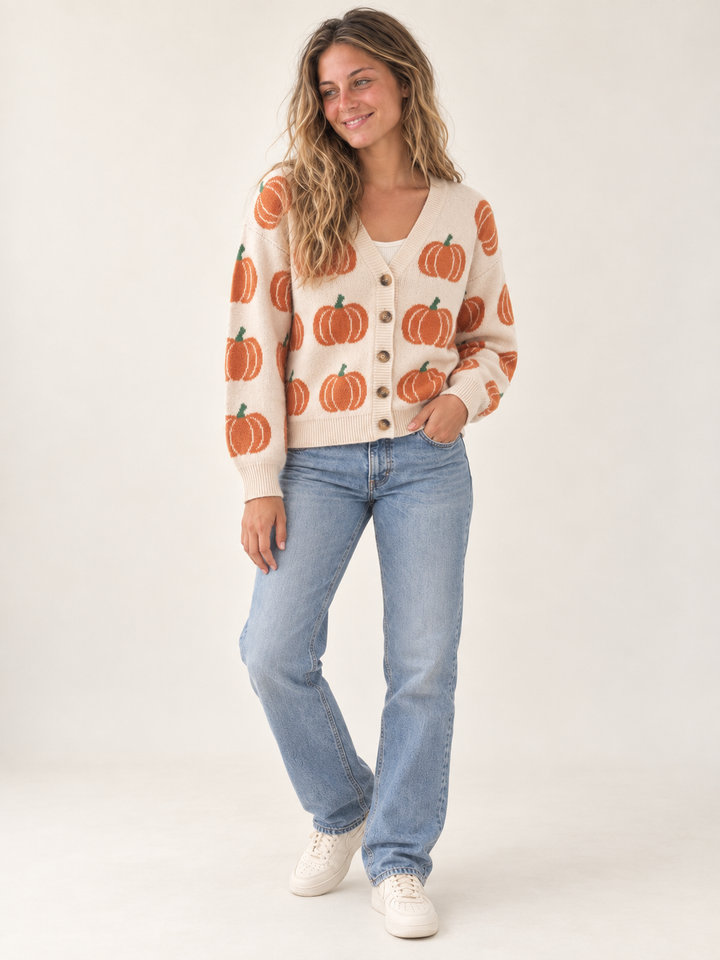 Model wearing Halloween Cardigan Classy Pumpkin, full-body view