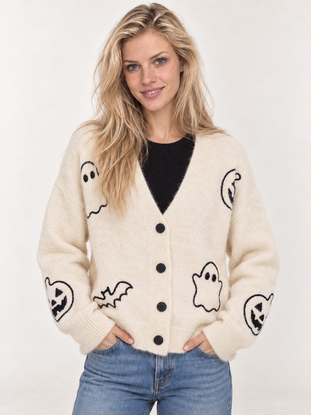 Halloween Cardigan Ghost Pumpkin Ivory front view on model