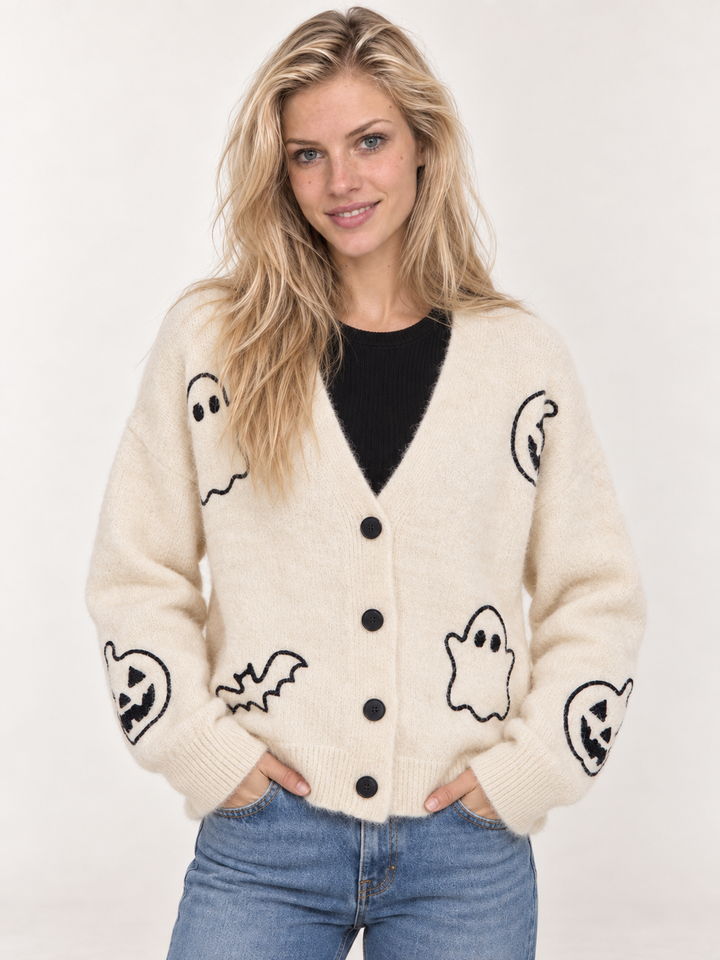 Halloween Cardigan Ghost Pumpkin Ivory front view on model