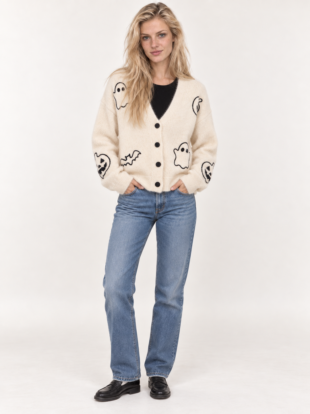 Halloween Cardigan Ghost Pumpkin Ivory full-body front view on model