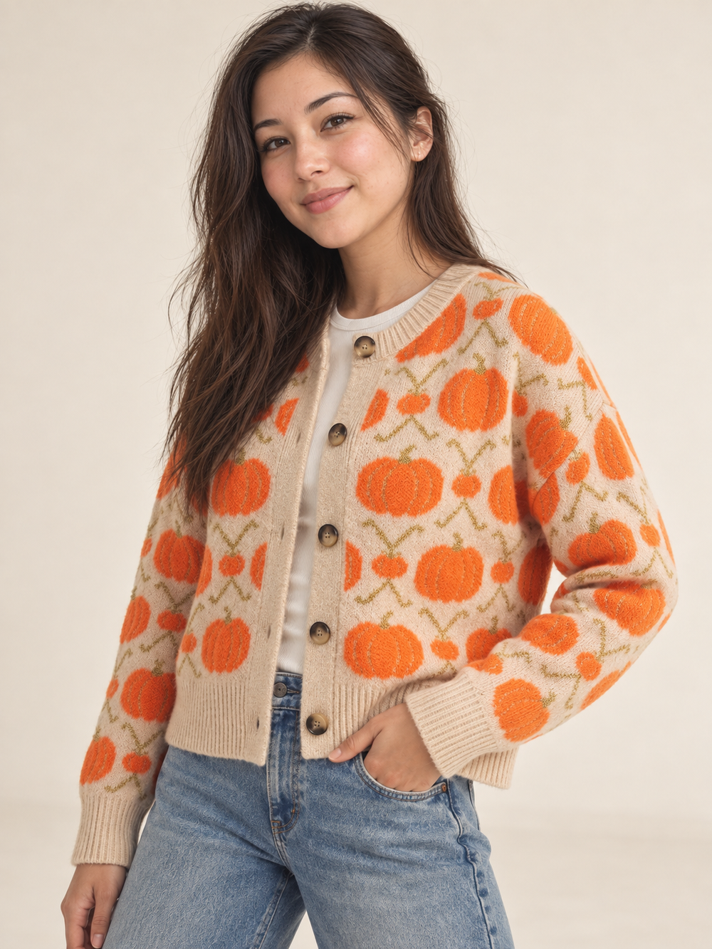 Halloween Cardigan Vintage Pumpkin 45-degree view on Model 4