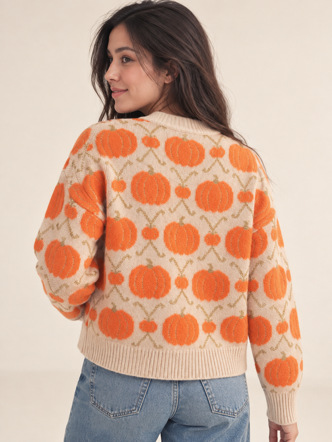 Halloween Cardigan Vintage Pumpkin back view on Model 4