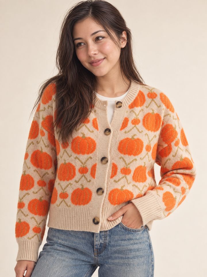 Halloween Cardigan Vintage Pumpkin front view on Model 4