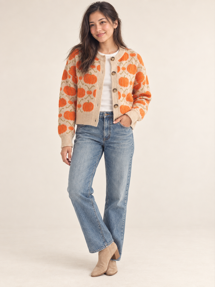 Halloween Cardigan Vintage Pumpkin full-body front view on Model 4