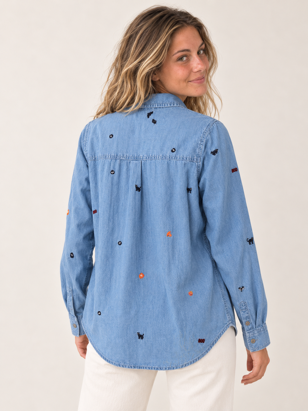 Back view of model wearing Halloween Cat Button Down Shirt Blue