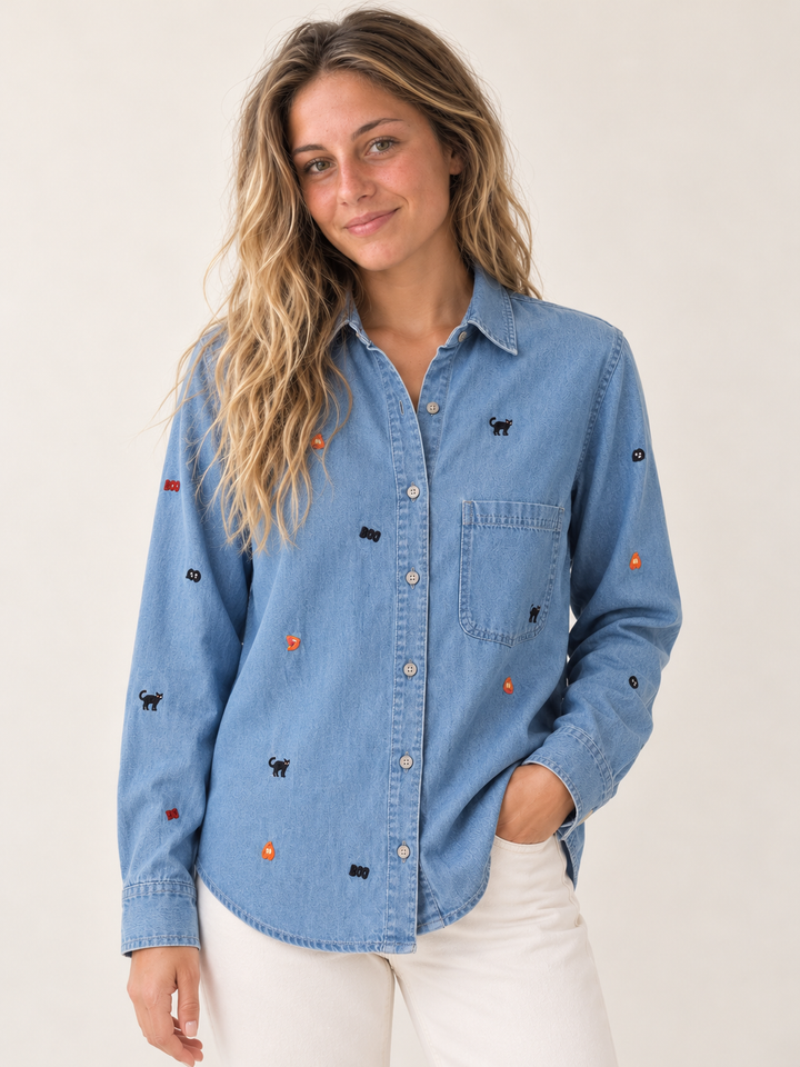 Front view of model wearing Halloween Cat Button Down Shirt Blue