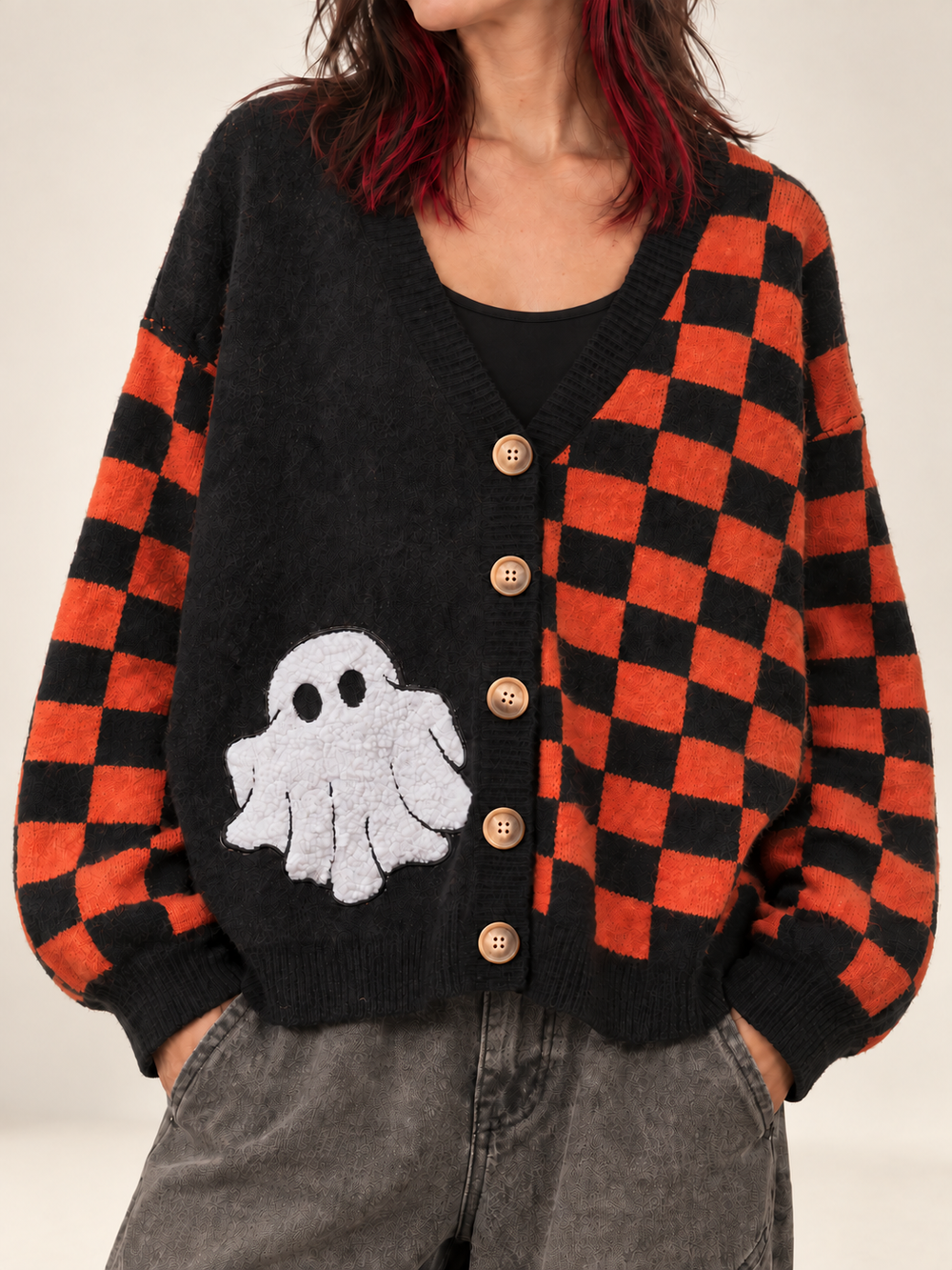 Halloween Checkered Cardigan Ghost Patch close-up