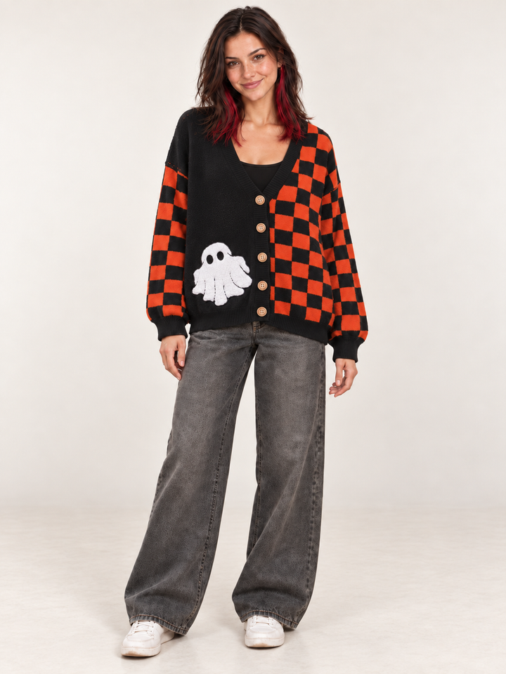 Model wearing Halloween Checkered Cardigan Ghost Patch, full-body view