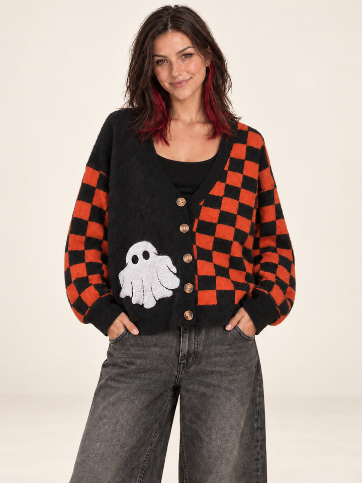 Model wearing Halloween Checkered Cardigan Ghost Patch, front view