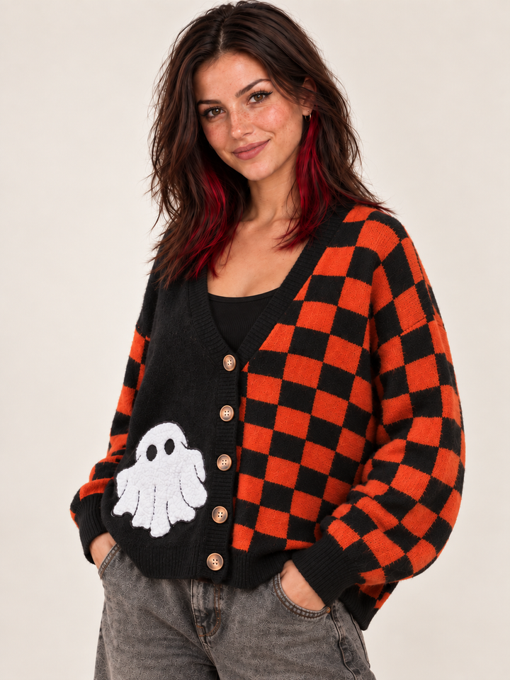 Model wearing Halloween Checkered Cardigan Ghost Patch, three-quarter view