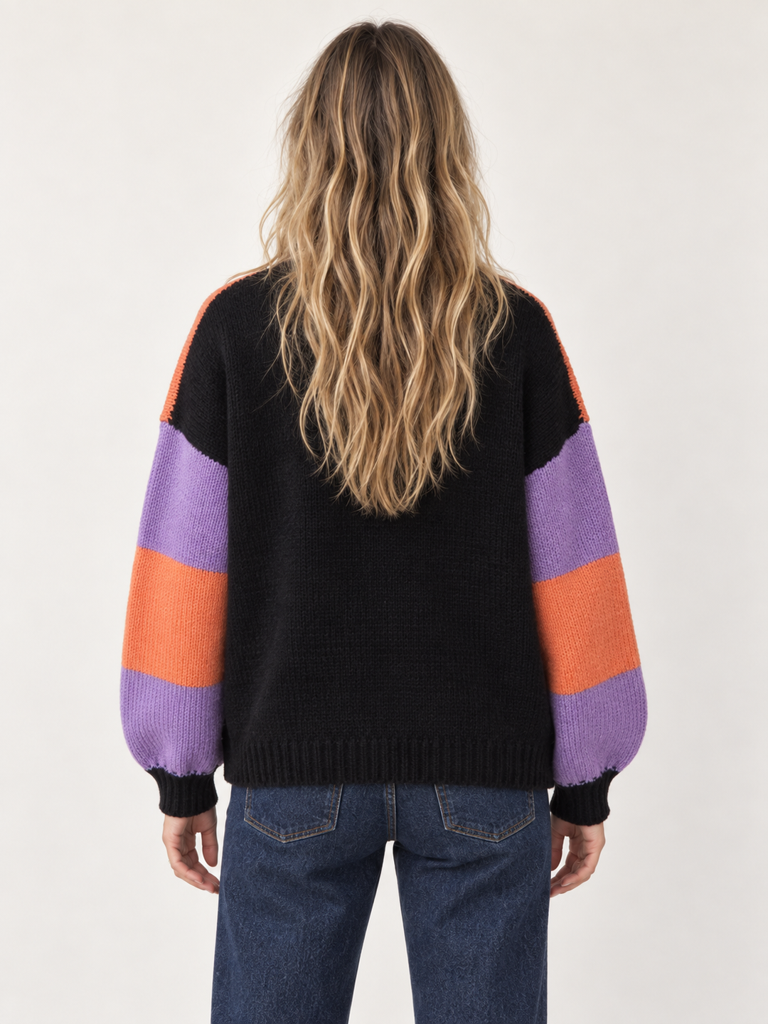 Halloween Color-block Cardigan Ghost Pumpkin Patches back view on model
