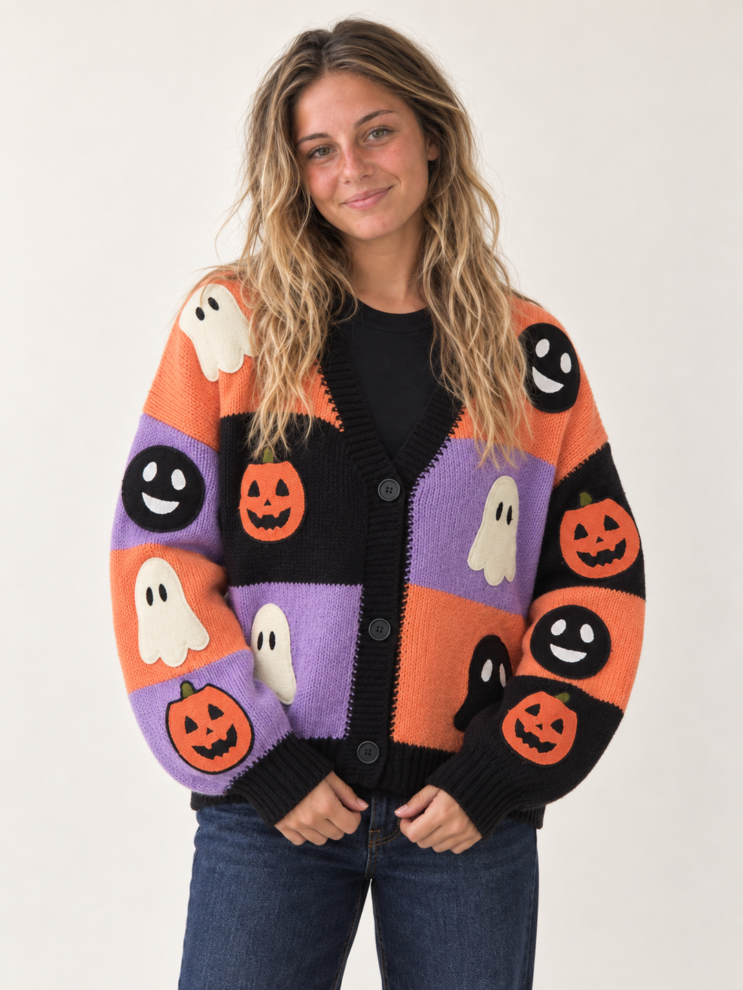 Halloween Color-block Cardigan Ghost Pumpkin Patches front view on model