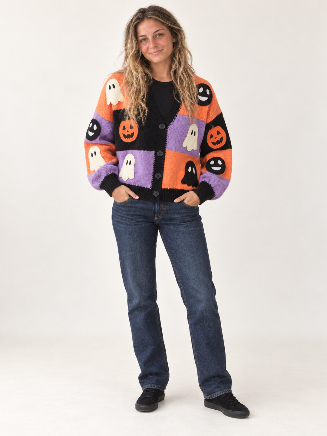 Halloween Color-block Cardigan Ghost Pumpkin Patches full-body front view on model