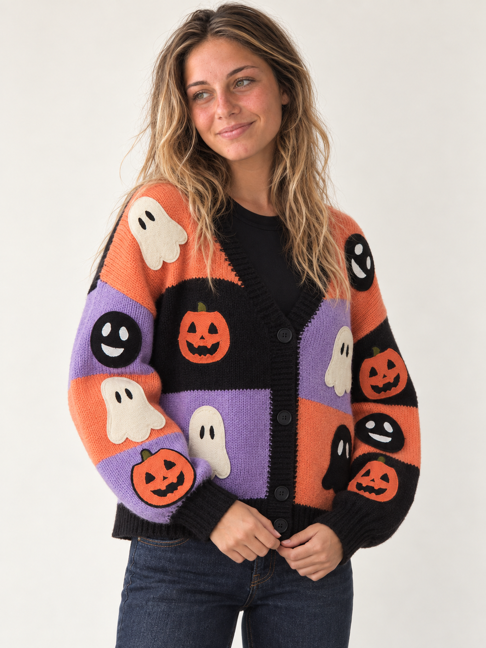 Halloween Color-block Cardigan Ghost Pumpkin Patches three-quarter view on model