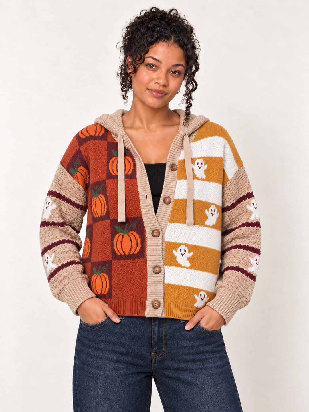 Model wearing Halloween Hooded Cardigan Ghost Pumpkin, front view