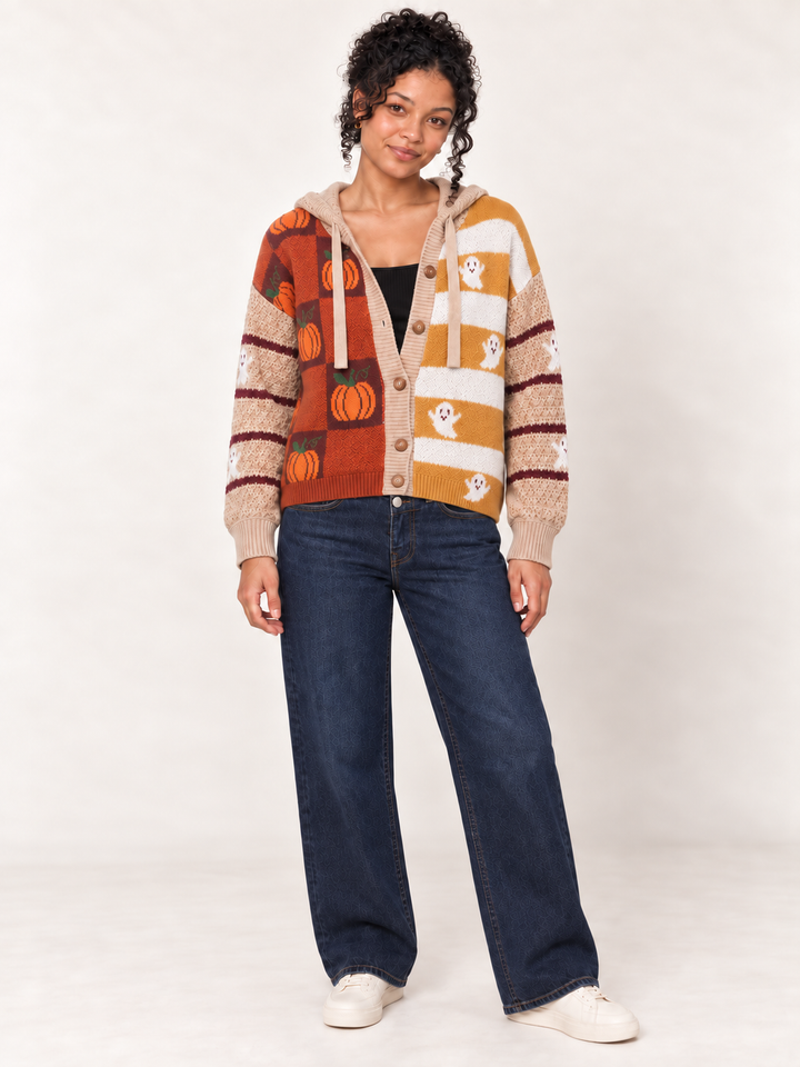 Model wearing Halloween Hooded Cardigan Ghost Pumpkin, full-body view