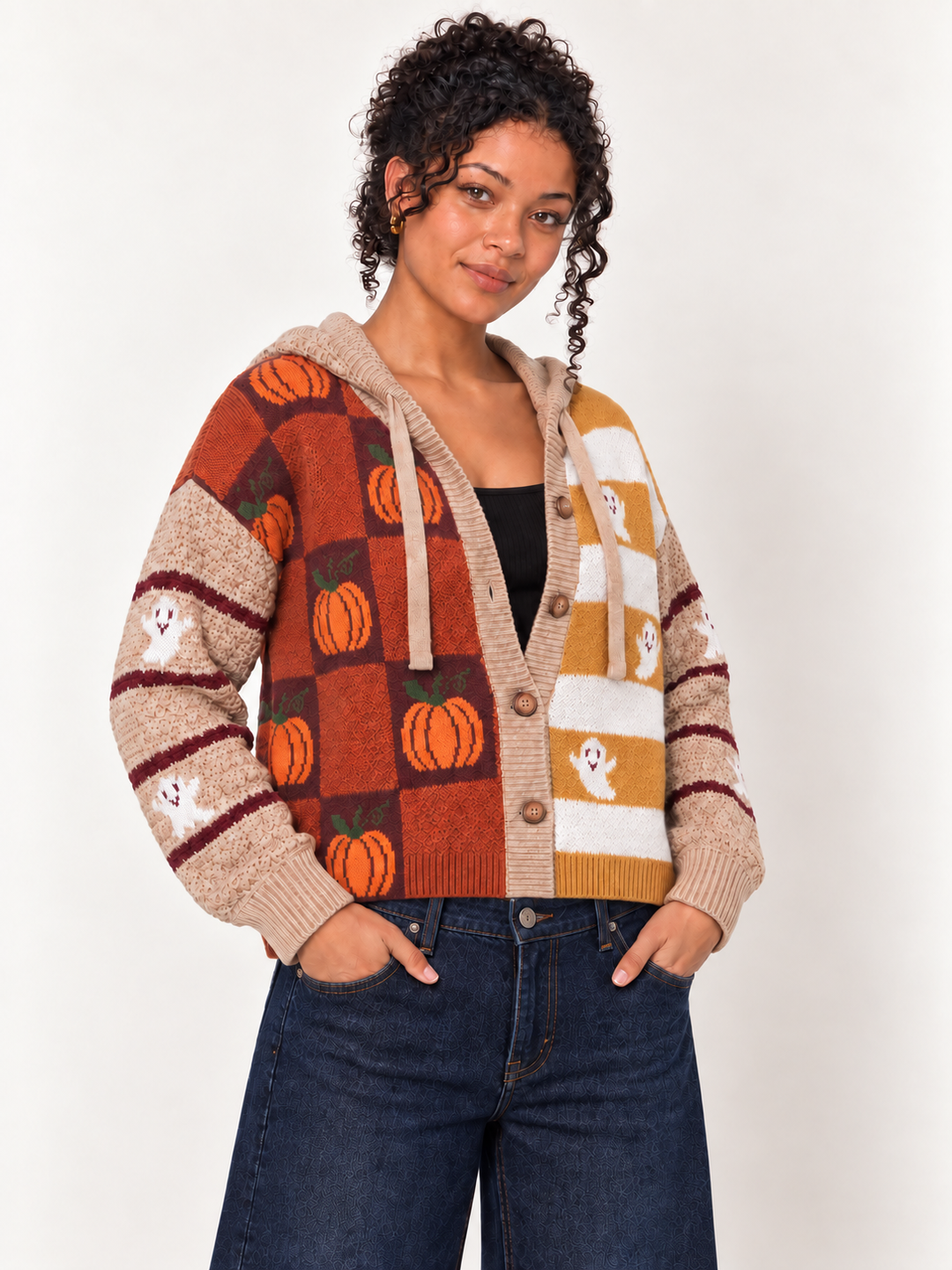 Model wearing Halloween Hooded Cardigan Ghost Pumpkin, three-quarter view