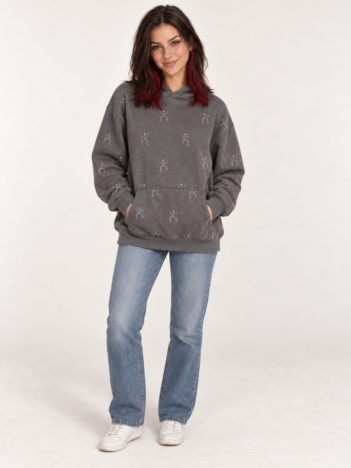 Halloween Hoodie Dancing Skeleton full-body front view on model