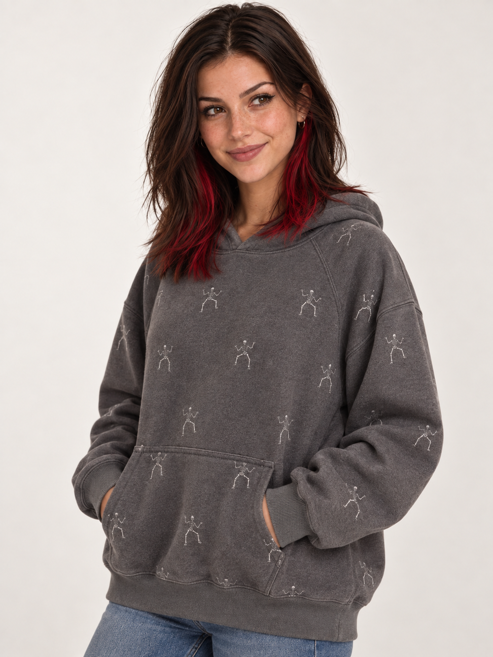 Halloween Hoodie Dancing Skeleton three-quarter view on model