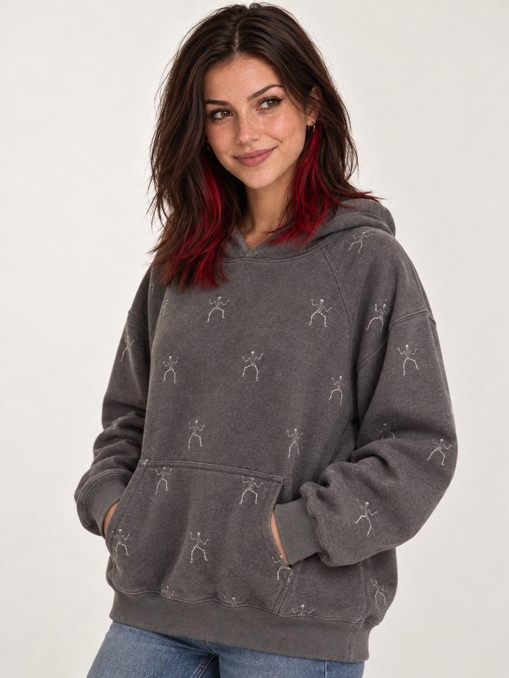 Halloween Hoodie Dancing Skeleton three-quarter view on model