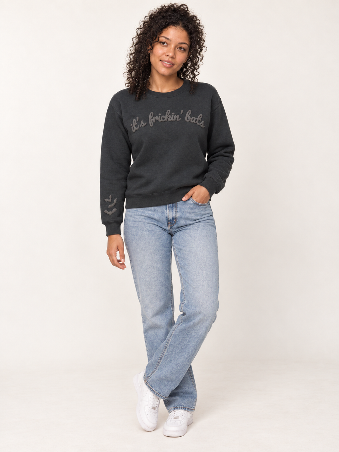 Halloween It's Frickin' Bats puff print crewneck sweatshirt full-body view