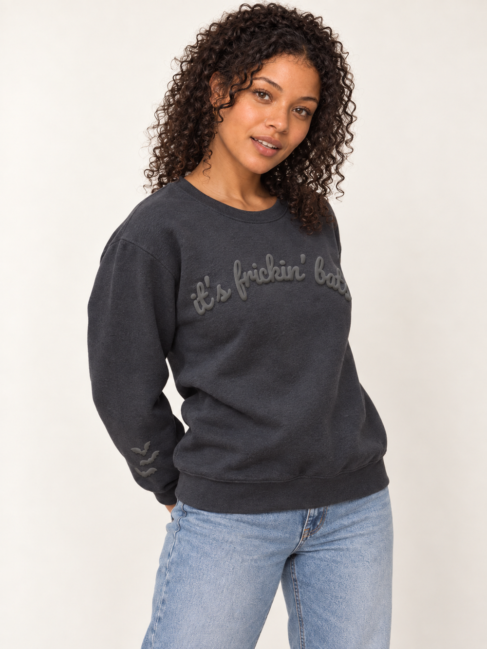 Halloween It's Frickin' Bats puff print crewneck sweatshirt three-quarter view
