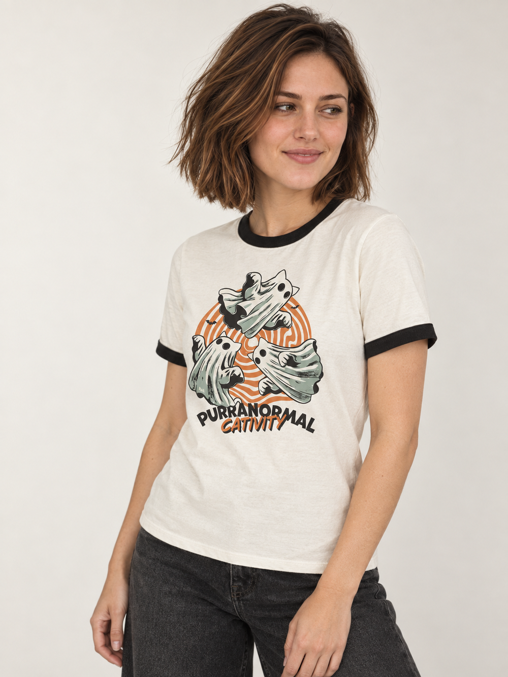 angle view of Halloween Purranormal Cativity ringer tee on model