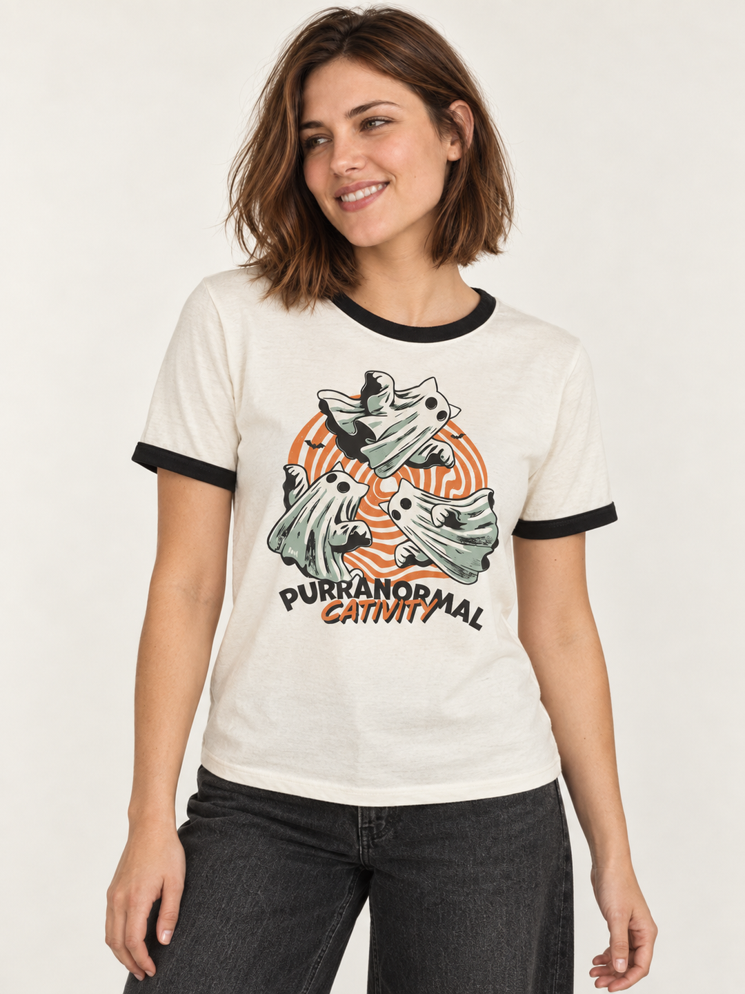 front view of Halloween Purranormal Cativity ringer tee on model