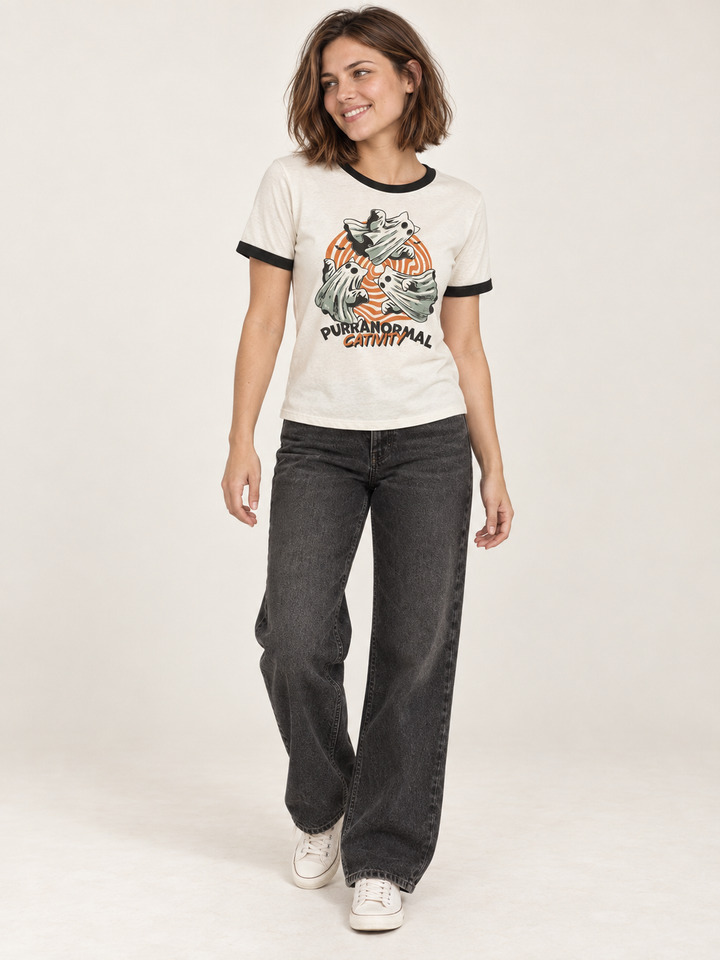 full-body view of Halloween Purranormal Cativity ringer tee on model