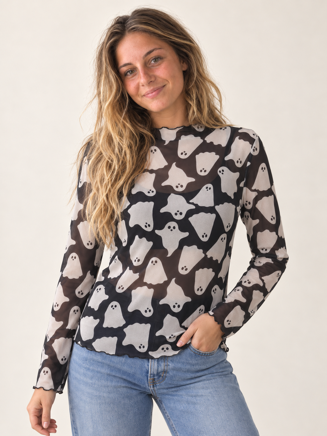 Halloween sheer ghost long sleeve top — front model view