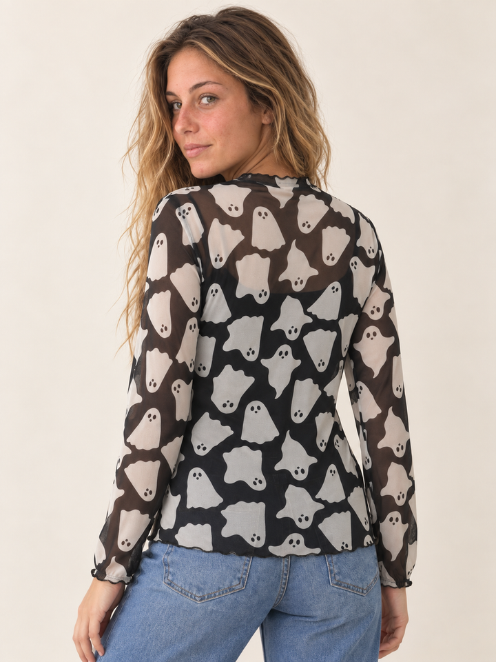 Halloween sheer ghost long sleeve top — back model view