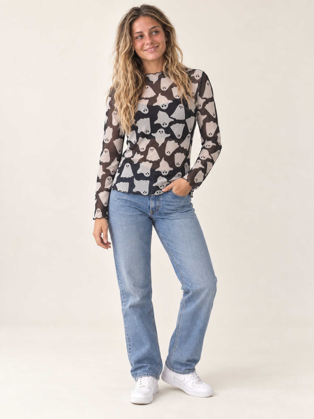 Halloween sheer ghost long sleeve top — full-body model view
