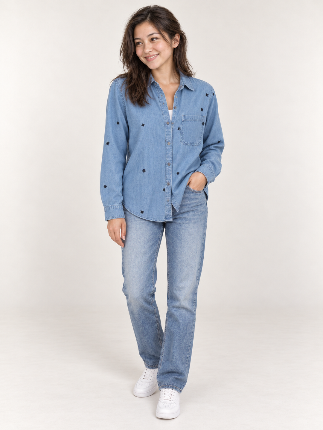 Model wearing Halloween spider button-down shirt, full-body front view