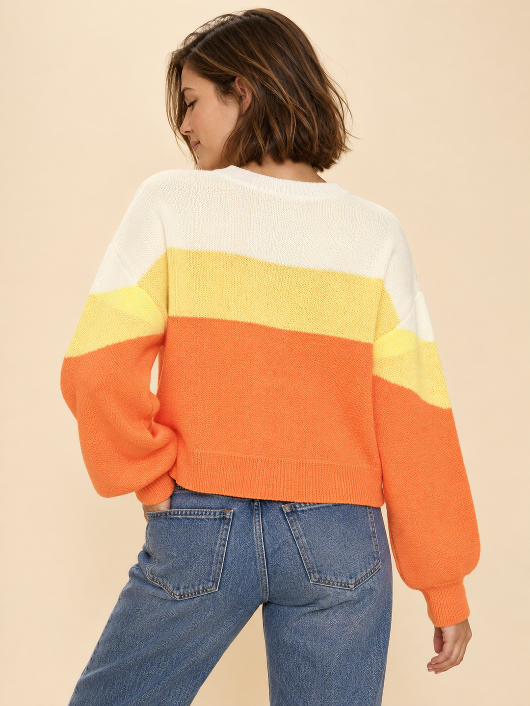 Halloween candy corn striped sweater, back view