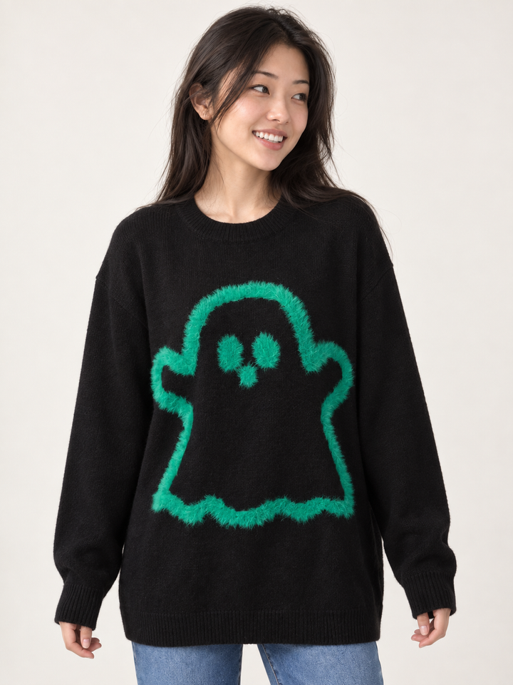 Black sweater with fuzzy green ghost, front view on model