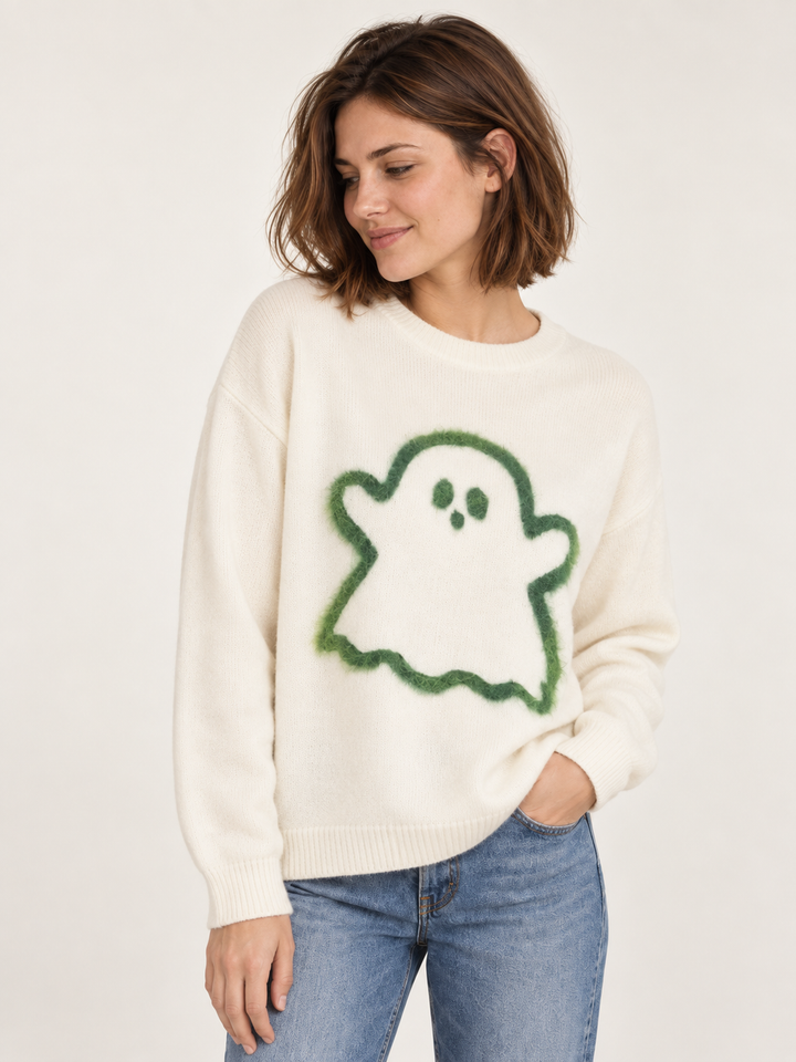 Ivory fuzzy ghost sweater, angled view on model