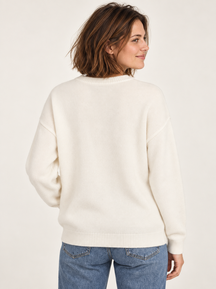 Ivory fuzzy ghost sweater, plain back view on model