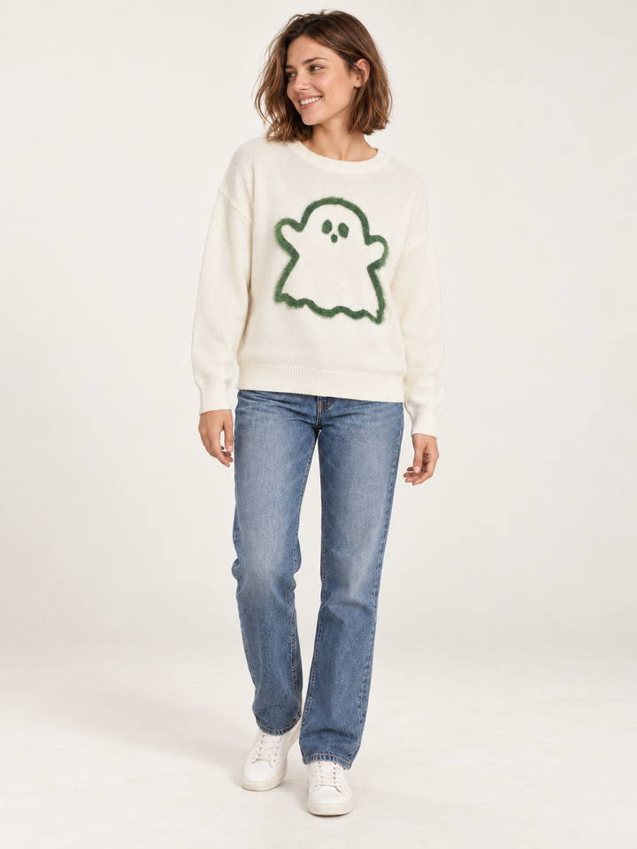 Ivory fuzzy ghost sweater with straight-leg jeans, full-body front view