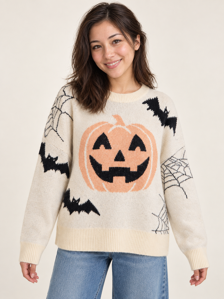 Cream pumpkin and bat Halloween sweater, front view on model