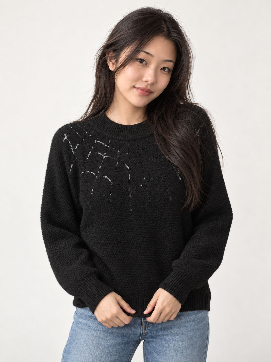 Model wearing Halloween Sweater Spider Web, front view